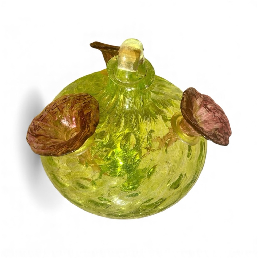 Vintage Czech Art Glass Hummingbird Feeder – Green w/ Purple Flowers 5.5”